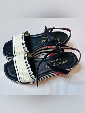 Kate Spade High Rise Spade Platform Wedge Sandals 8 B Black White Striped Preppy